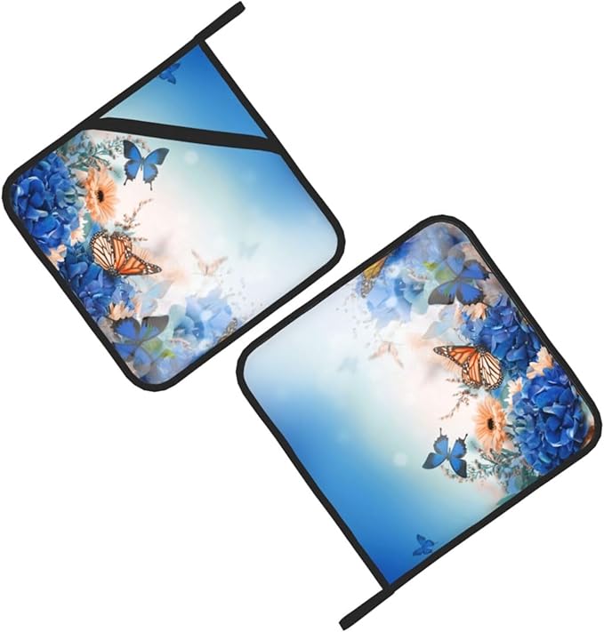 Pot Holders 2PCS Blue Butterfly Flower, Potholder for Kitchen Heat Resistant for BBQ Cooking Baking Food Hot Pat for Women Men Kitchen Wear