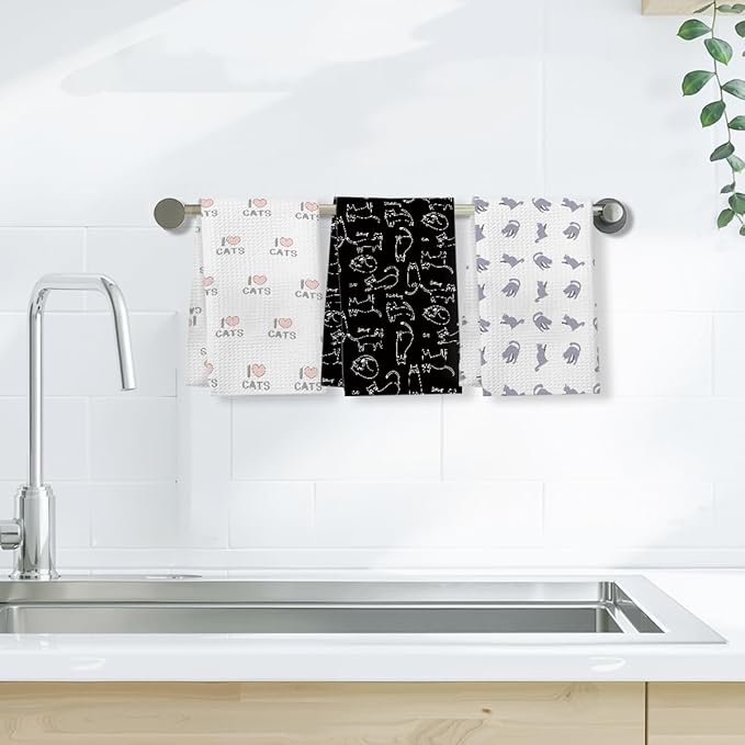 3 Pcs Cute Cat Kitchen Towels, I Love Cats Decorative Absorbent Microfiber Dish Cloth Tea Towel, Waffle Soft Hand Towels for Farmhouse Home Bathroom, Cat Lover Gifts