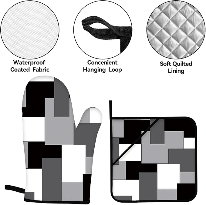 White Black Grey Oven Mitts and Pot Holders Sets of 4 Geometric Oven Mitts Oven Gloves Pot Holders and Oven Mitts for Kitchen Baking Cooking Grilling (Grey)