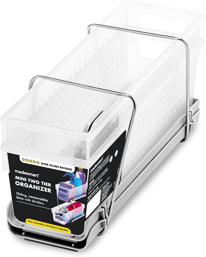 Madesmart 2-Tier Plastic Mini Multipurpose Organizer with Divided Slide-Out Storage Bins, Compact Under Sink and Cabinet Organizer Rack, Frost