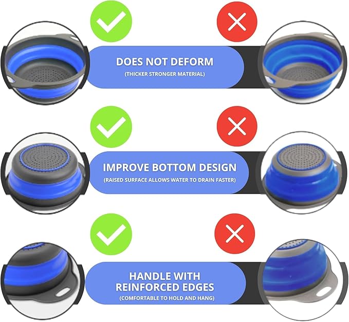 Blue Round Silicone Collapsible Colander – Silicone Round Kitchen Strainers with Plastic Handles Foldable Small Kitchen Strainer Perfect for Draining Pasta Vegetable and Fruit