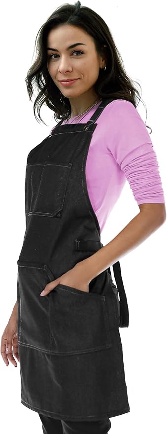 Under NY Sky Essential Black Denim Apron – Cross-Back with Leather Reinforcement – Adjustable for Men and Women – Pro Chef, Tattoo Artist, Baker, Barista, Bartender, Server Aprons