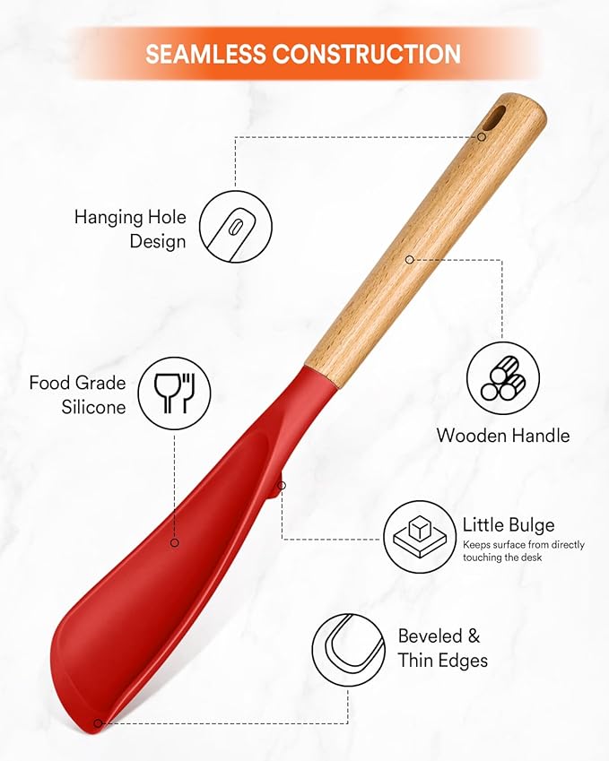 Cooking Spoon for Nonstick Cookwares, Great for Cooking and Serving Sturdy BPA-Free Matte Silicone, Wood Handle Spoon for Mixing, Scoop, and Scrape (2 Pack of Red, 13.4 inch)