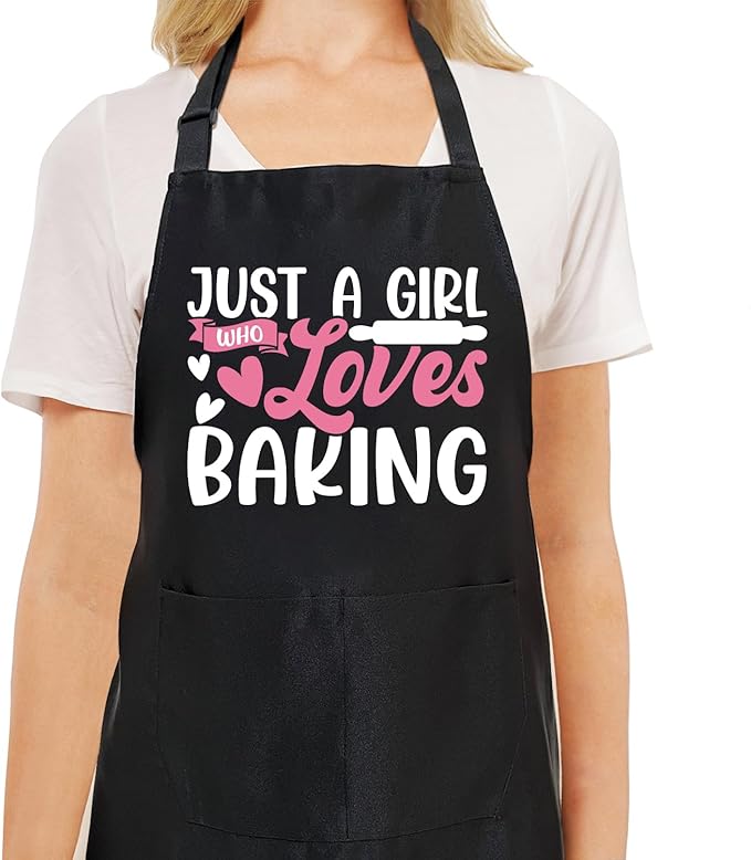 Black Baking Aprons for Women, Adjustable Cooking Baking Kitchen Aprons for Mom Chef with Pockets