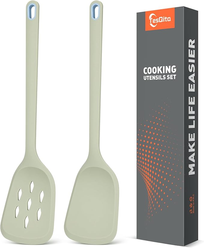 Silicone Cooking Spatula&Slotted Spatulas, Pack of 2,Solid Turner Kitchen Utensils Set for Cooking,Frying, Baking, Flipping, Turning,Heat Resistant 450℉ (Green)