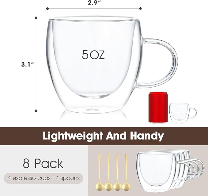VENVENWEAVS Espresso Cups Set Of 4,Double Wall 5OZ Hand Blown coffee Shots Glass,Espresso Coffee Mugs In Gift Box,Perfect For Espresso,Latte,Cappuccinos,Tea Bag,Juice