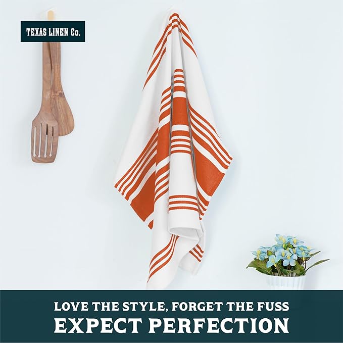 TEXAS LINEN CO. American Stripe Kitchen Towels 100% Cotton Pack of 6, Highly Absorbent Quick Drying, Soft Dish Towels 20x30 Inch for Kitchen w Hanging Loop, Hand & Tea Towel - Orange & White Striped