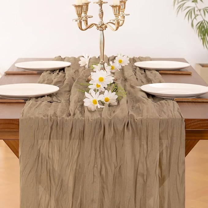 Socomi 2pcs Nude Brown Cheesecloth Table Runner Easter Spring Boho Rustic Gauze 120 inch 10FT Cheese Cloth Runner for Wedding Party Baby Shower Birthday Home Decor Holiday Decorations