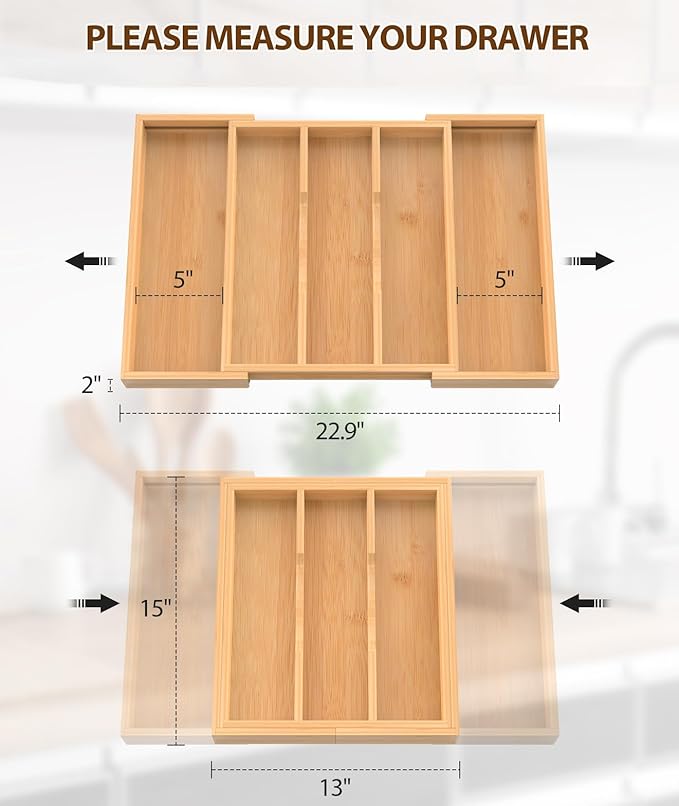 Bamboo Expandable Kitchen Drawer Organizer, 13" - 23" Adjustable Utensils Holder and Cutlery Tray, 3-5 Slots Drawer Organizer for Silverware Flatware