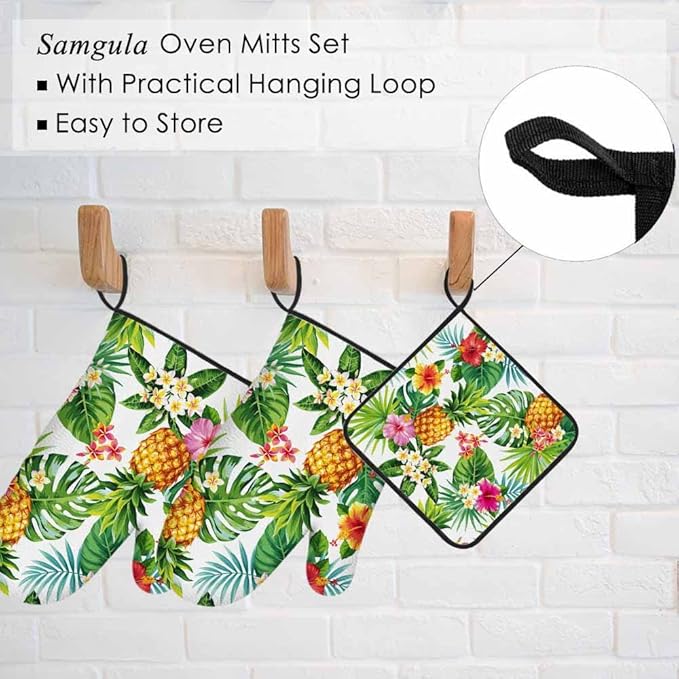 Tropical Pineapple Oven Mitts and Pot Holders Sets Palm Tree Flower Fruit Heat Resistant 3pcs for Cooking Baking BBQ