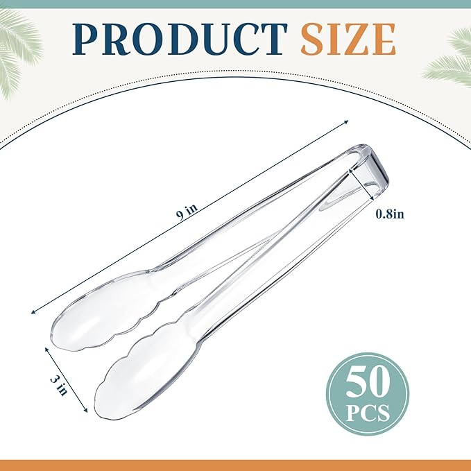 Tessco for you 50 Pcs Plastic Tongs for Serving Bulk, 9 Inch Plastic Disposable Serving Tongs, Heavy Duty Salad Tong for Kitchen, Buffet, BBQ, Events & Catering (Transparent)