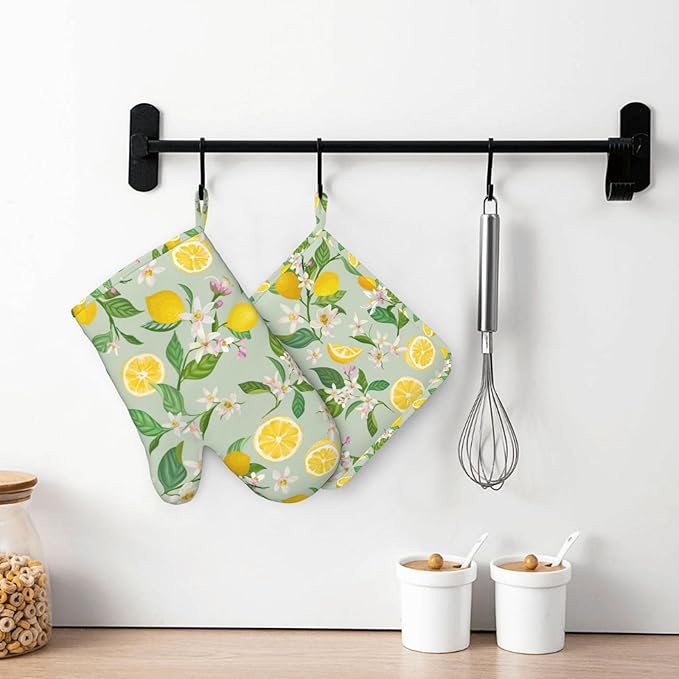 Lemon Oven Mitts Pot Holders Set Silicone Lemon Paper Yellow Citrus Fruit Lemons Kitchen Oven Mitts Heat Resistant Potholders Non-Slip 4pcs Hot Pads and Oven Gloves Sets for Baking,Grilling