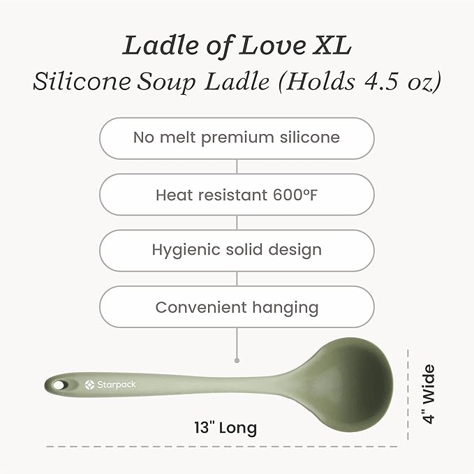 Starpack 'Ladle of Love' XL Premium Silicone Ladle/Spoon - High Heat Resistant to 600F - Non-Stick, LFGB Grade Rubber, Ideal for Serving Soup, Cooking & More