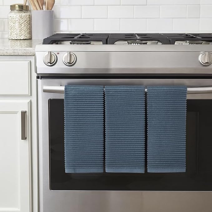 Serafina Home Slate Blue Gray Grey Kitchen Hand Dish Towels: Oversized 28" x 18", 100% Cotton Cloth Soft Cleaning Drying Absorbent Ribbed Design, Set of 3 Multipurpose for Everyday Use