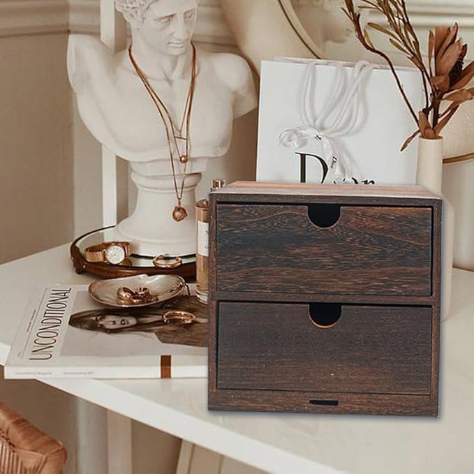 2-Drawer Desk Organizer Rustic Wooden Drawer Organizer for Storing Small Items Wood Countertop Drawer Organizers Storage Drawers for Desk Heavy Carbonization Farmhouse Storage Box (7 x 7in)