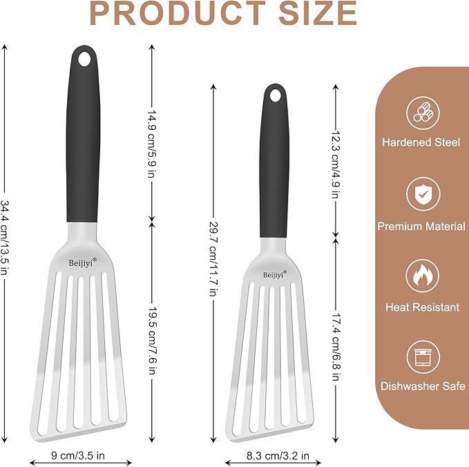 Beijiyi 2 Pack Fish Spatula, 13.5" & 11.7", Stainless Steel Slotted Turner, Full Tang Silicone Handle, Metal Spatulas for Kitchen Flipping Fish, Burger & Grilling, Dishwasher Safe