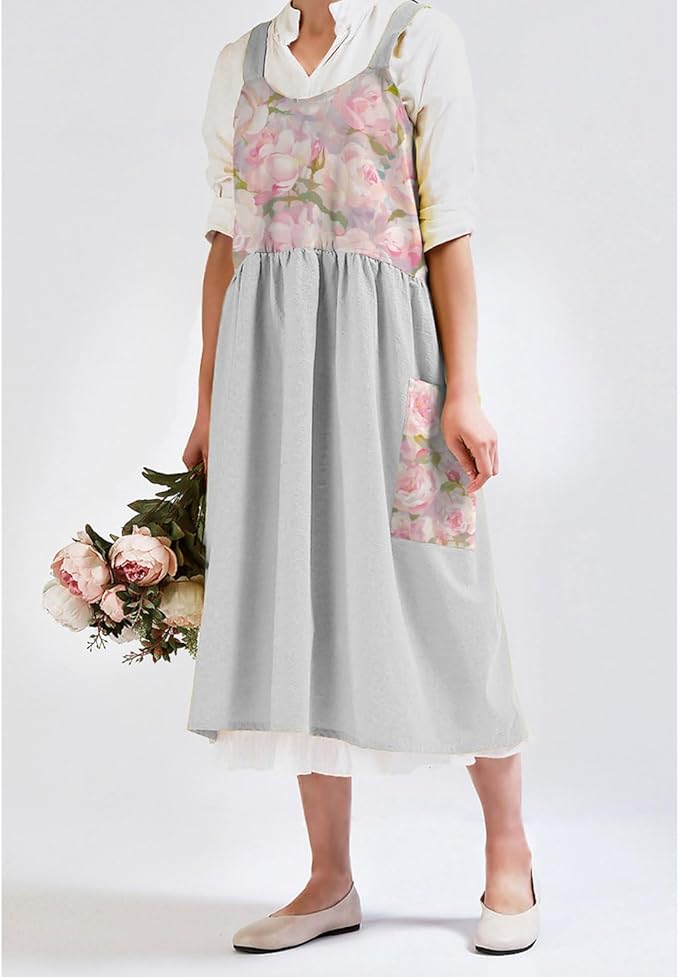 Uaussi Cotton Linen Apron Cross Back Work Apron for Women with Pockets Pinafore Dress X Cross Halter Apron for Chef Gardening