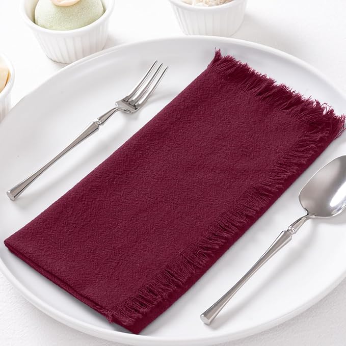 DeZerlor 12 Pack Burgundy Red Cotton Linen Napkins with Fringe Spring Cloth Napkins Set of 12 Boho Handmade Dinner Napkins Bulk for Wedding Bridal Baby Shower Parties, 17 x 17 Inches