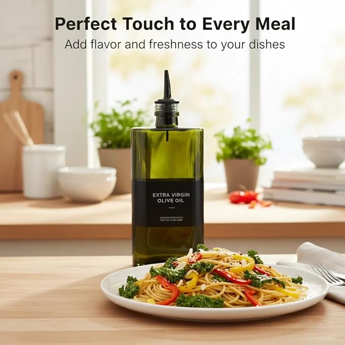 2-in-1 Oil Dispenser & Sprayer 2-Pack, Dark Glass Olive Oil Bottle with Stainless Steel Pourer, Oil Container, Oil & Vinegar Set, Light-Blocking Kitchen Countertop Accessory (Green)