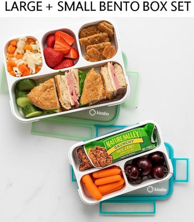 kinsho Leakproof Bento-Box Lunch-Boxes for Women, Kids. Large Green 4 Compartments and Mini Blue 3 Compartment Containers for Lunches Snacks School Travel, 2 pack set