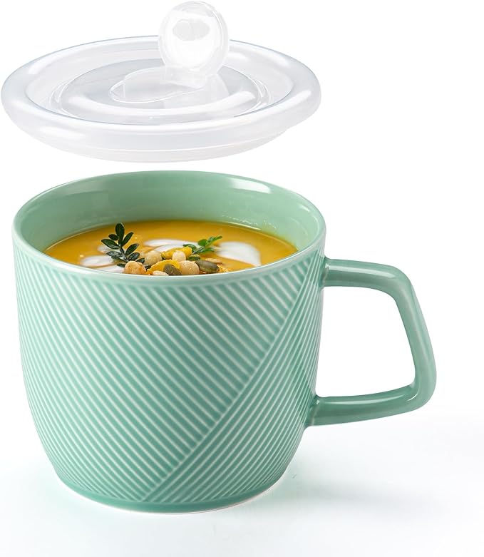 Ceramic Soup Bowl with Lid & Handle: 32 oz Microwave Safe Food Container for Ramen Noodles Cereal Leftovers - Extra Large Mugs for Breakfast Lunch Picnic Camping - Mint Green, Set of 1