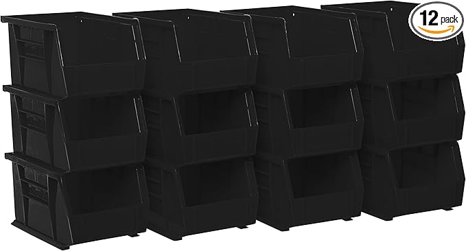 Akro-Mils 30237 AkroBins Plastic Storage Bins, Space-Saving Stackable Bins for Garage, Pantry, Craft Organization, 9" x 6" x 5", Black, 12-Pack