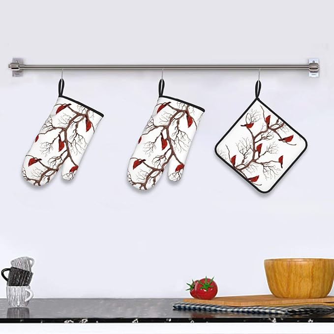 Winter Cardinal Birds Oven Mitts and Pot Holders Sets of 3 Kitchen Hot Pads Oven Gloves Heat Resistant Washable for Cooking Grilling Baking Christmas Holiday Kitchen Decor Cardinal Gifts for Women