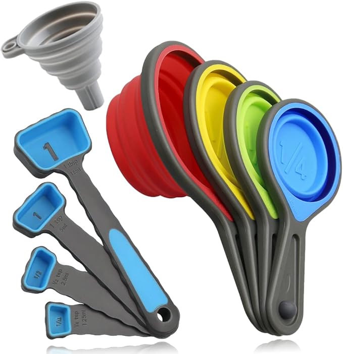 Measuring Cup and Spoon Set, Collapsible Measuring Cup, 8 Piece Measuring Tools and 1 Funnel, Engraved Metric/US Markings, for Liquid and Dry Measurements, Space Saving, BPA Free Silicone, Colorful