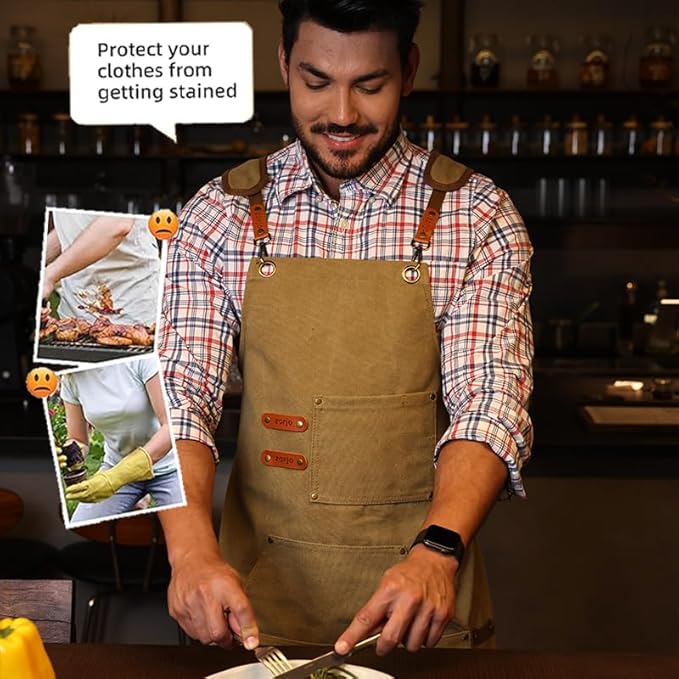 Chef Apron-Cross Back Apron for Men Women with Adjustable Straps and Large Pockets,Canvas