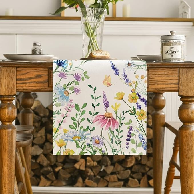 Artoid Mode Daisy Eucalyptus Lavender Floral Leaves Summer Table Runner, Spring Kitchen Dining Table Decoration for Home Party Decor 13x48 Inch