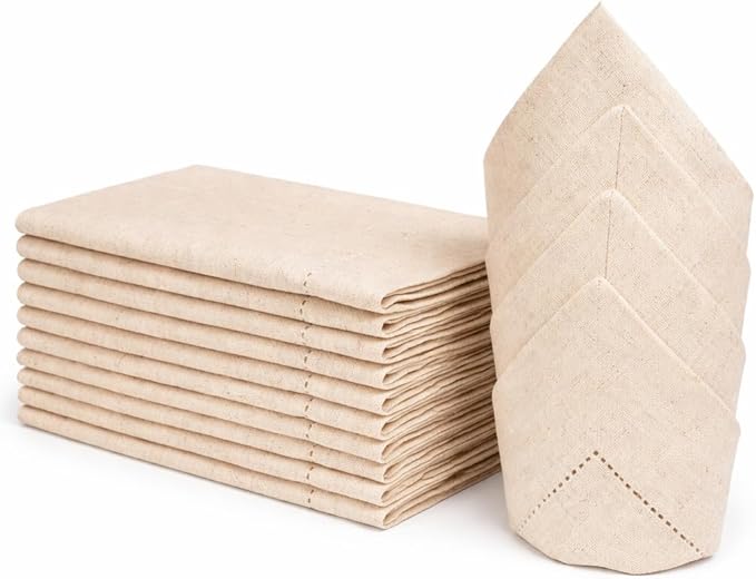 ALPHA Living HOME Linen Cloth Napkins Set of 12-18x18 Natural Flax Cotton Fabric, Hemstitched Mitered Corners, Reusable & Machine Washable Dinner Napkins for Wedding, Cocktail & Party Table