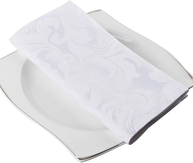EHouseHome Damask Jacquard Cloth Napkins Waterproof Spillproof Polyester Fabric Napkins White, Set of 12, 17 x 17 Inch