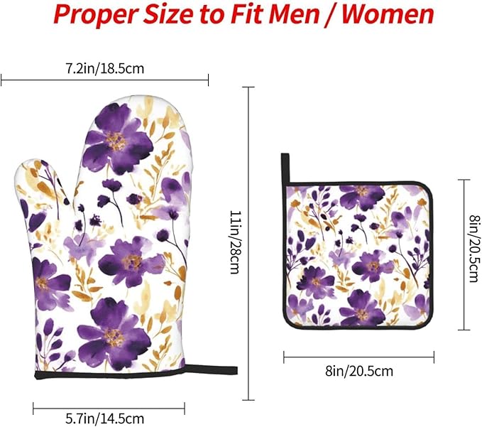 Spring Purple and Gold Floral Oven Mitts and Pot Holders Sets of 3, Non-Slip Heat Resistant Watercolor Flower Design Kitchen Gloves, Gifts for Women Cooking, Elegant Kitchen Decor for Baking Cooking