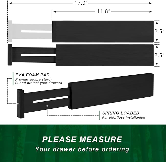 4 Pack Bamboo Kitchen Drawer Dividers 2.6" High, Adjustable from 12 Inch to 17 Inch Drawer Organizers, Expandable Drawer Separators for Clothes, Bedroom, Dresser, Office (Black)