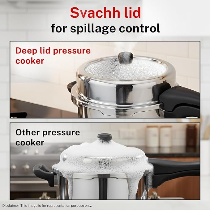 Prestige Deluxe Alpha Svachh Stainless Steel Pressure Cooker with Alpha Base and Deep Lid for Spillage Control, (10 Liter)