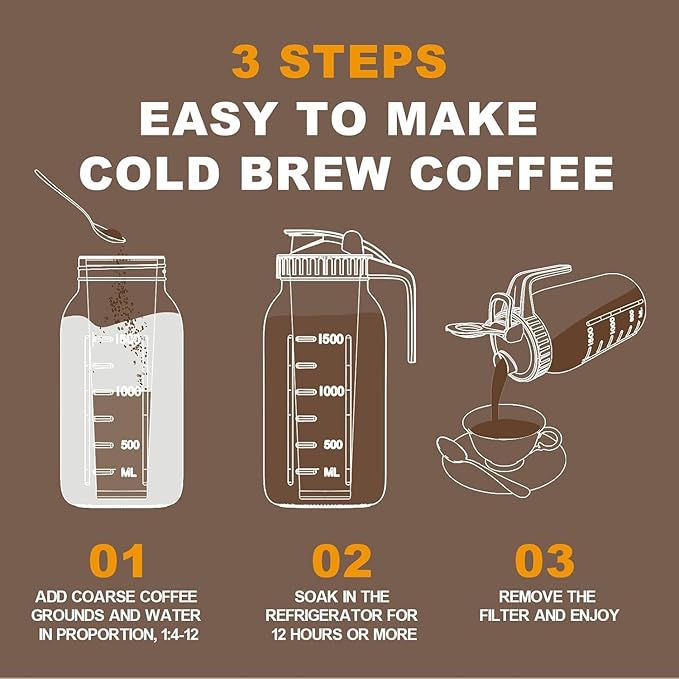JunVpic Cold Brew Coffee Maker Jar - 64oz Thick Glass Multipurpose Mason Pitcher Spout Lid with Handle & Stainless Steel Filter for Iced Coffee, Lemonade, Ice Tea, Homemade Fruit Drinks Container