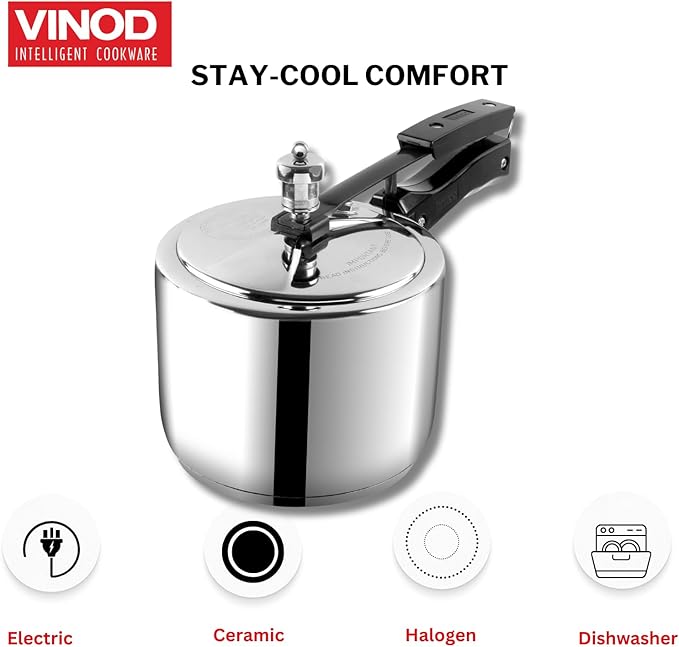 Vinod Stainless Steel Inner Lid Pressure Cooker with Sandwich Base Induction and Gas Compatible 118.5 oz ISI & CE Certified 2-Year