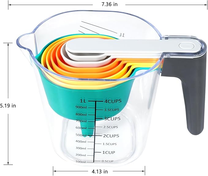 19 Pieces Measuring Cups and Spoons set, Includes 10 Stackable Measuring Cup with Lid and 9 Magnetic Measuring Spoons, Tablespoon for Liquid and Dry, BPA Free, Dishwasher Safe (Black)