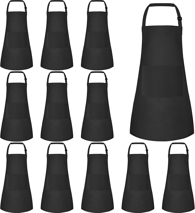 12 Pack Kids Apron Bulk with 2 Pockets Adjustable Chef Art Apron Kids Painting Aprons for Cooking Baking Painting Crafting Grilling Activity（Black）