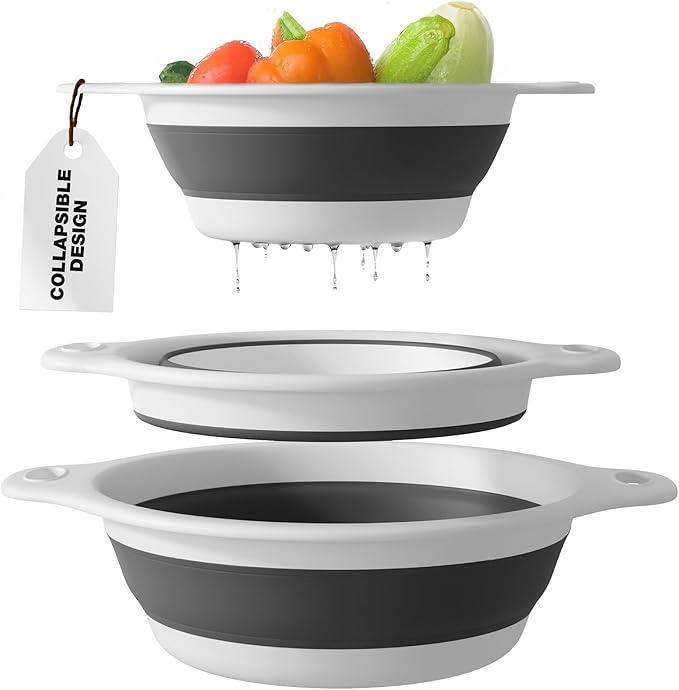 Gevoli Collapsible Colanders (3 Pack Set) Food Strainers with Over-Sink Water Draining Base for Pasta Fruits and Vegetables (Patent Pending) White (3 Sizes, 3QT, 4QT and 5 Quart)