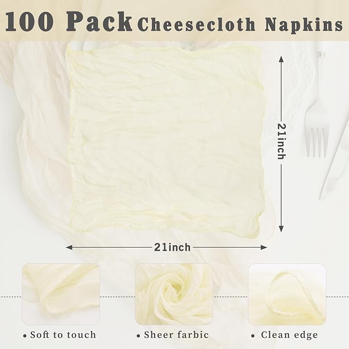 Beige 100 Pack Cheesecloth Napkins Washable 21x21 Inches Beige Cloth Napkins Set of 100 Dinner Table Napkins for Wedding Summer Bridal Baby Shower Rustic Boho Cotton Gauze Party Table Decor