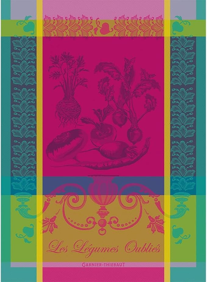 Garnier Thiebaut Legumes Oublies Fuchsia (Forgotten Fuchsia Vegetables) French Kitchen Towel 22"x30", Cotton, Jacquard