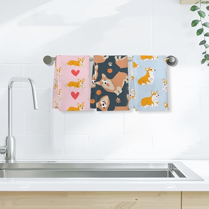 3 Pcs Cute Corgi Kitchen Towels, Cartoon Dog Decorative Absorbent Microfiber Dish Cloth Tea Towel, Waffle Soft Hand Towels for Kitchen Home Bathroom, Dog Lover Gifts for Women