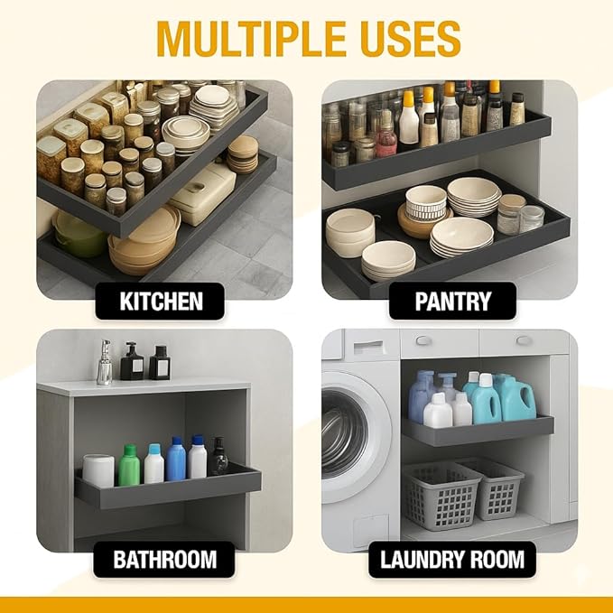 Expandable Pull Out Drawers for Cabinets (Gray): Kitchen and Pantry Organizer, Sliding Cabinet Organizer with Adhesive, Under Sink and Pots Storage, 12.5"-20.5". Adjustable Shelf Solution