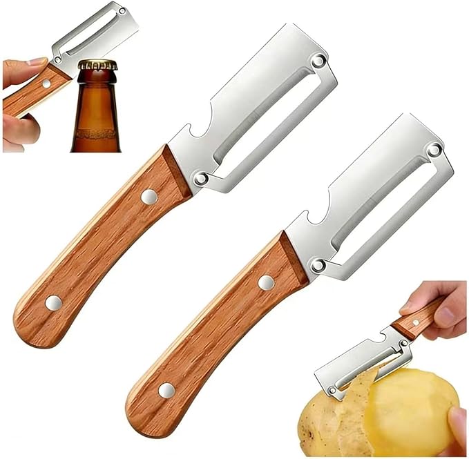 Premium Vegetable Peeler with Wooden Handle and Bottle Opener: 2-in-1 Stainless Steel Kitchen Tool for Fruit Apple Potato Pumpkin Papaya (2 PCS)