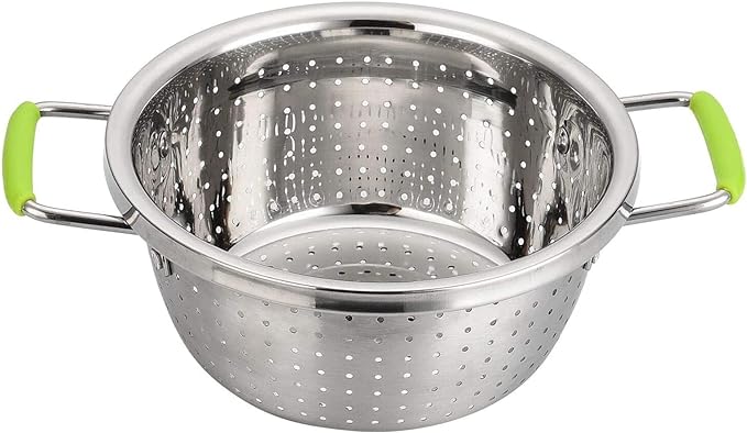 Stainless Steel Deep Colander Micro-perforated 2.5 Quart Metal Food Strainer with Green Silicone Handles for Draining Pasta Cleaning Food like Fruit