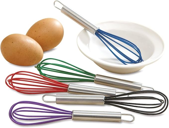Lillian Vernon Colorful Mini Silicone Whisks Set – 5-Piece Rainbow Kitchen Utensils for Cooking, Baking, Egg Beating & Mixing, 6.5 Inch Small Non Stick Stainless Steel Wire Beaters, Dishwasher Safe