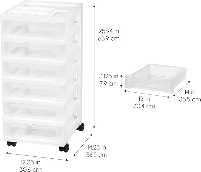 IRIS USA Plastic Drawer Storage Organizer Rolling Cart, with Wheels Casters, 6-Drawers, for Classroom Art Craft Supplies Dresser Closet Bathroom Laundry Room, White/Clear
