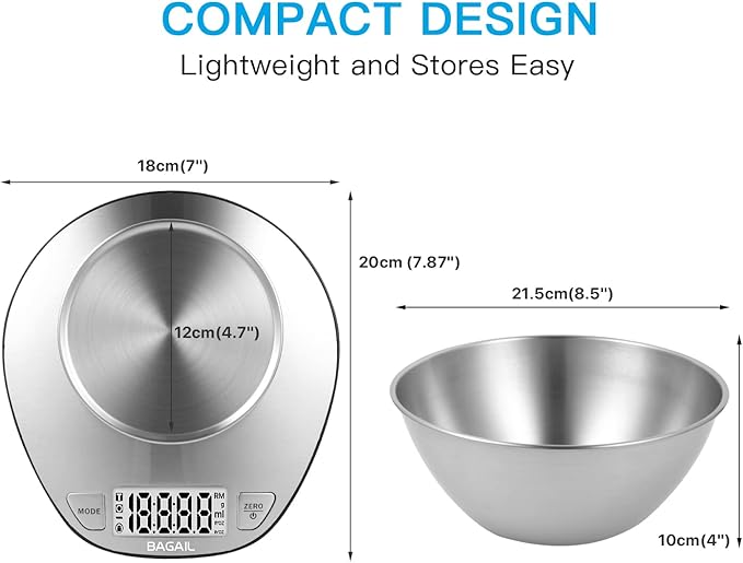 BAGAIL BASICS Digital Kitchen Scale, Large Clear Display, Wet and Dry Food Scale with Stainless Steel Mixing Bowl - 11 lb