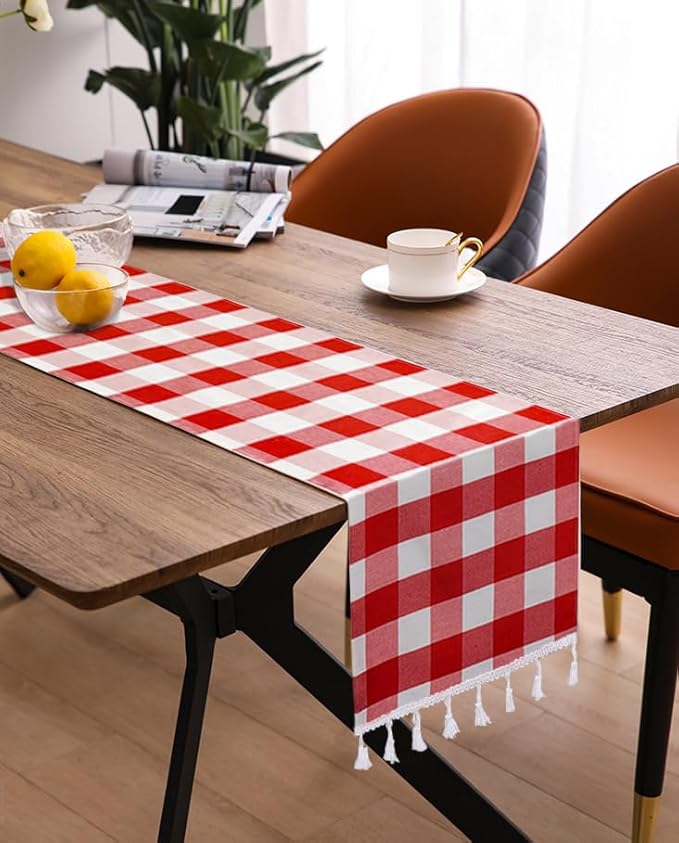 DUOBAO 2pcs 14x90 Inch Red and Black Buffalo Plaid Table Runner with Tassels Perfect for Dining Room, Kitchen, and Holiday Gatherings